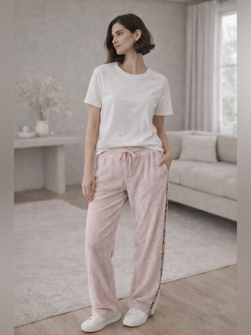 Burberry London Pink Velour Lounge Pants Size Medium Nova Check Side Stripe